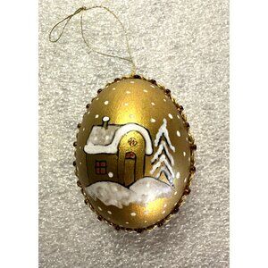 Vintage Egg Shell Christmas Ornament Hand Painted Doubled Sided House & Snowman